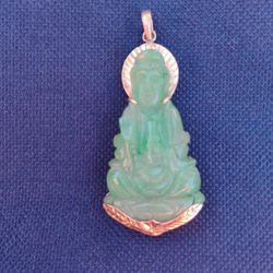 LARGE 14k Solid Gold Jade GUAN YIN Female Buddha Pendant