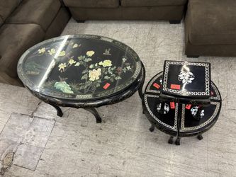 Chinese Black Lacquer Coffee Table With Nesting Stools