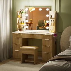 Fluted Vanity with Mirror and Lights, Glass Top Makeup Vanity Desk 43" Oak Vanity with 9 Drawers, 6 Storage Shelves and Outlet, 3 Color Lighting Modes