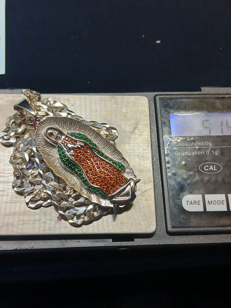 925 Silver From Italy Diamond Cut Curb Chain With Virgin Mary Pendant