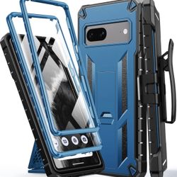 Google Pixel 7 Case: Built-in Screen Protector & Kickstand Extra Front Frame Dual Layered (Blue)