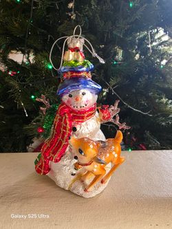 6 "Glass Multicolor Snowman and Reindeer Hanging Christmas Ornament Decorative
