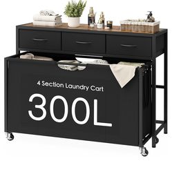 Laundry Sorter, Rolling Laundry Hamper with 4 Section PullOut Bags, 300L Large Laundry Basket Organizer with 3 Drawers, Laundry Hamper with Wheels for