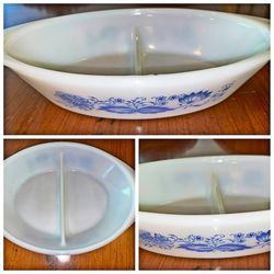 Vintage Pyrex Glassbake Maid Of Honor Aqua Floral Divided Casserole Serving Dish