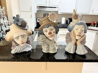 Lladro Three Large Clown Bust Figures Perfect Condition