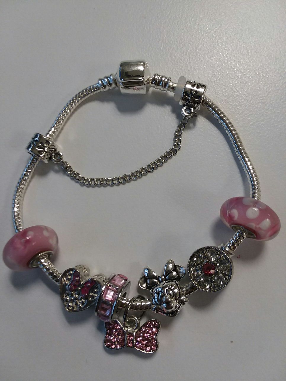 Pretty Pink Minnie Mouse Charm Bracelet With Beaded Crystals