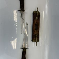 Vintage Brass & Hand Carved Wood Knife Fork Set India Tribal Decorative