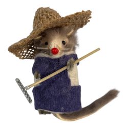 Vintage Original Fur Toys Collectible Mouse West Germany Gardener w/ Hat & Rake