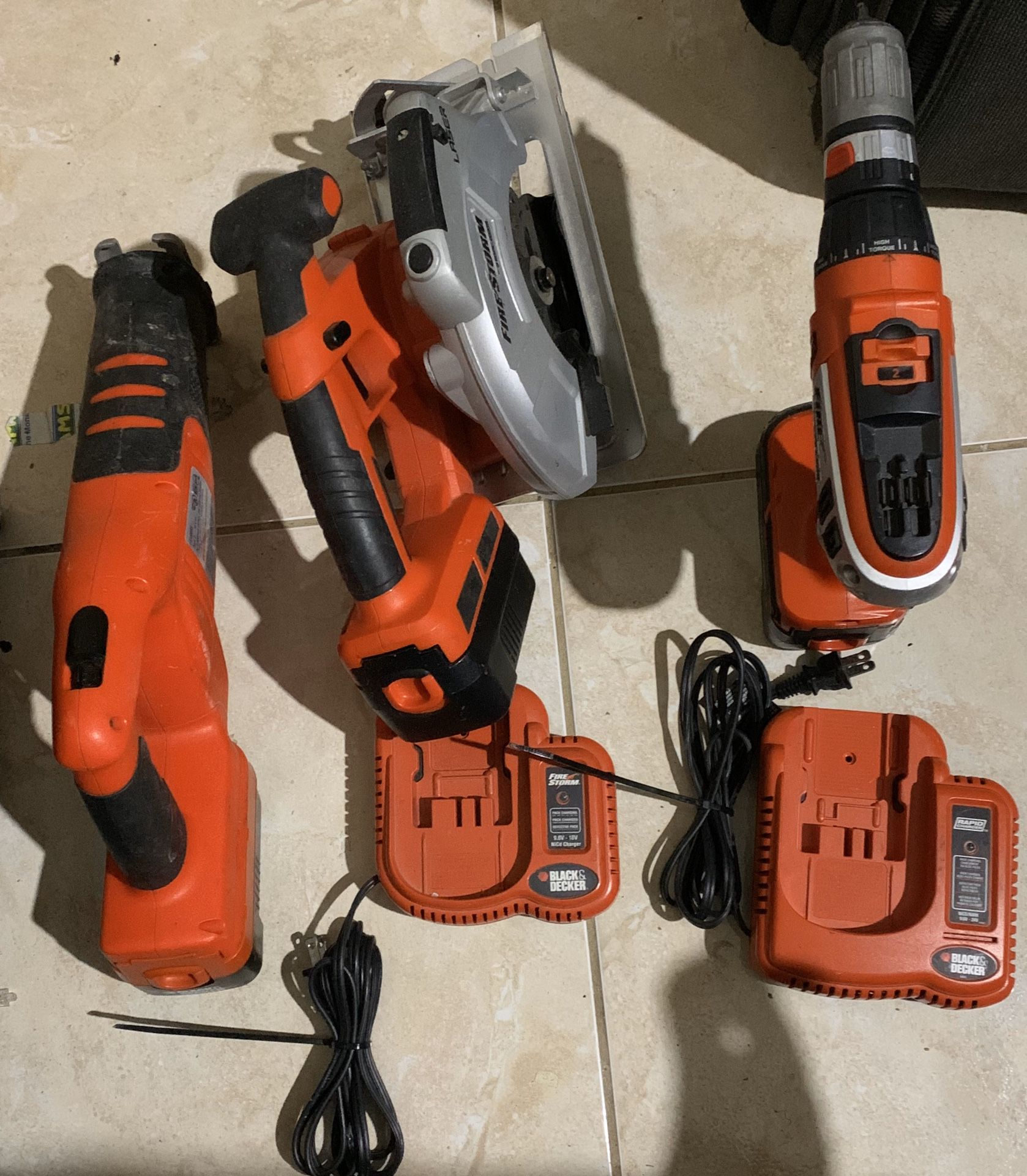 Black and Decker Storm Drill and Turns to Impact Drill, Circular Saw , Saw, all have Batteries and and 2 Fast chargers No Trades/ Pick Up Only
