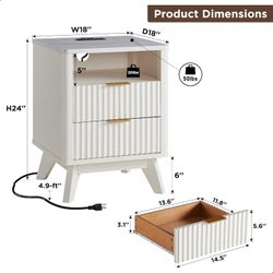 T4TREAM Fluted Nightstand Set of 2 with Charging Station, 18" Modern SideTable with Faux Marble