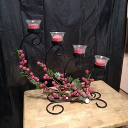 Christmas Metal 4 Arm Scrolled Candle Holder Stand Sugared Holly Berry. Large 15 ".