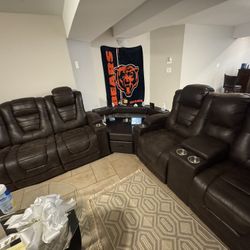 Premium Leather Reclining Home Theater Sofa Set – with Charging Console & Cupholders