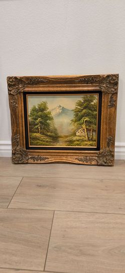 Vintage Serene Landscape Hand Painting With Ornate Gold Wood Frame 20x24 inches
