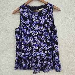 Kate Spade Top Womens Small Black Purple Hydrangea Floral Silk Sleeveless READ 
