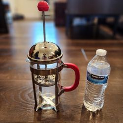 BonJour French press coffee maker, 34 oz (8-cup), Coffee Press Stainless Steel, Glass with Red Handle, good condition 