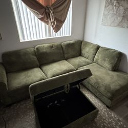 Olive Green Corduroy Sectional Sofa with Storage Ottoman + Built-In Charger & Outlet 