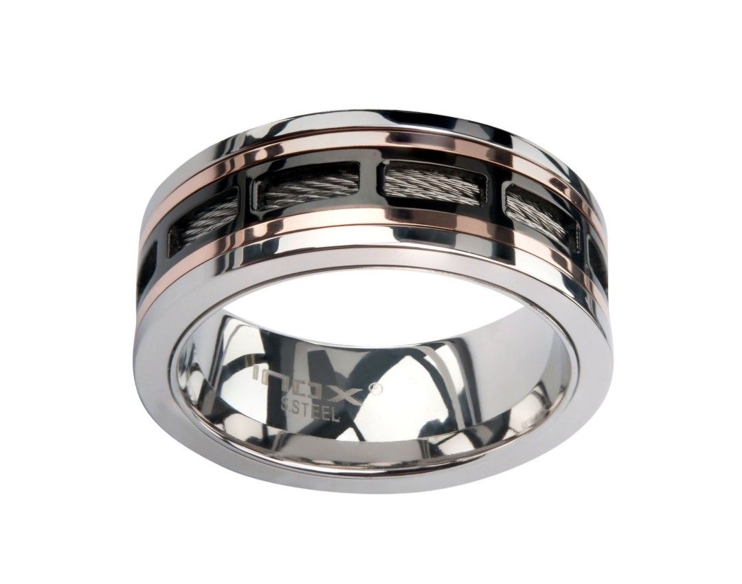 Men's Black and Rose Plated Stainless Steel Ring - size 10