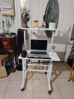 Height Adjustable Home Office Computer  Desk Mobile Standing Des W/ Rolling Wheel Standing Desk Features a2 tierwhite Hem Height 24 por1228.5 49L.WH