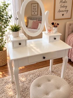 White Wooden Vanity Table with Oval Mirror
