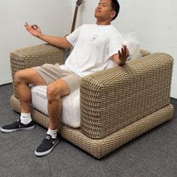 New *Open Box* Roundabout Patio Chair by Neighbor - Outdoor Natural Wicker - Sunbrella Nurture White