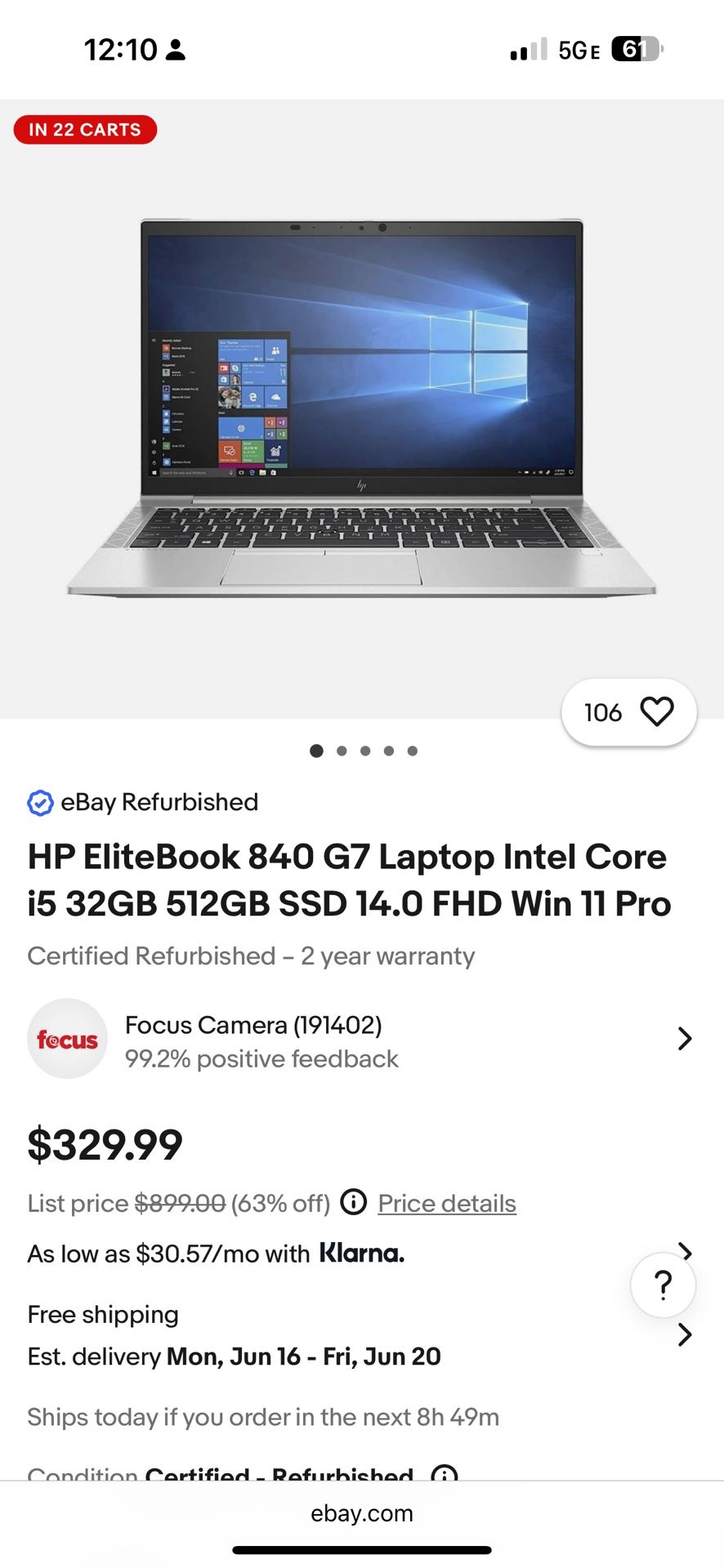 Hp Elite G7 Business Laptop. Refurbished Still Under 1yrs Warranty 