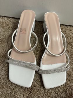 SHEIN White Block Heel Sandals with Rhinestone Straps