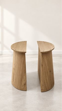 Set of 2 matching wood table bases/pedestal supports in a natural oak-style finish. Designed to support a tabletop and create a complete table. Set of