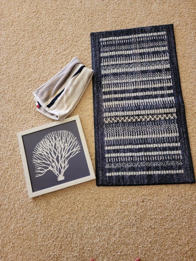 Navy Blue Small Sink Rug Wall Art And Hand Towel. OBO