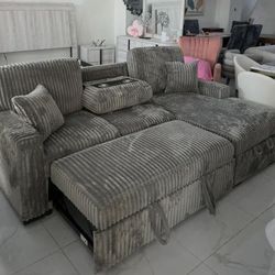 Corduroy Sectional Sleeper Sofa Bed With Pull Out 