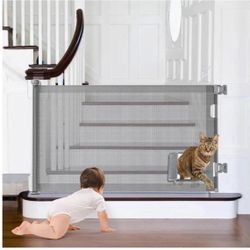 New Gray Retractable Safety Gate with Cat Door