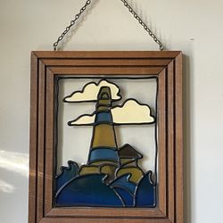 Stained Glass Light House Window Hanging 12.5"x10.5" Framed Beautiful