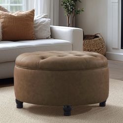 Dimitrika 30'W Faux Leather Tufted Round Storage Ottoman Brown