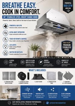 🔥 30” Stainless Steel Range Hood Insert – 900 CFM (Quiet + Remote) 🔥