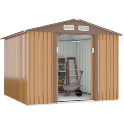 8.4 ft. Wx 8.4 ft. D Brown Garden Outdoor Storage Metal Shed Tool Building with Sliding Door