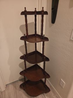 Vintage 5-tier mahogany-stained wood corner shelf