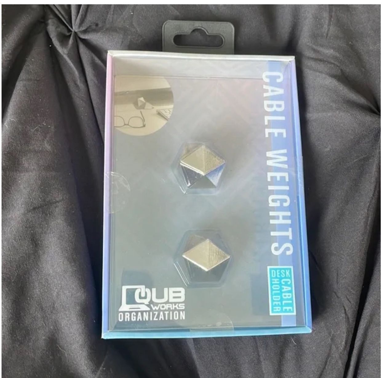 BRAND NEW IN BOX Qub Works Organization set of two (2) cable weights with metallic geometric design. Helps with organization/cable management