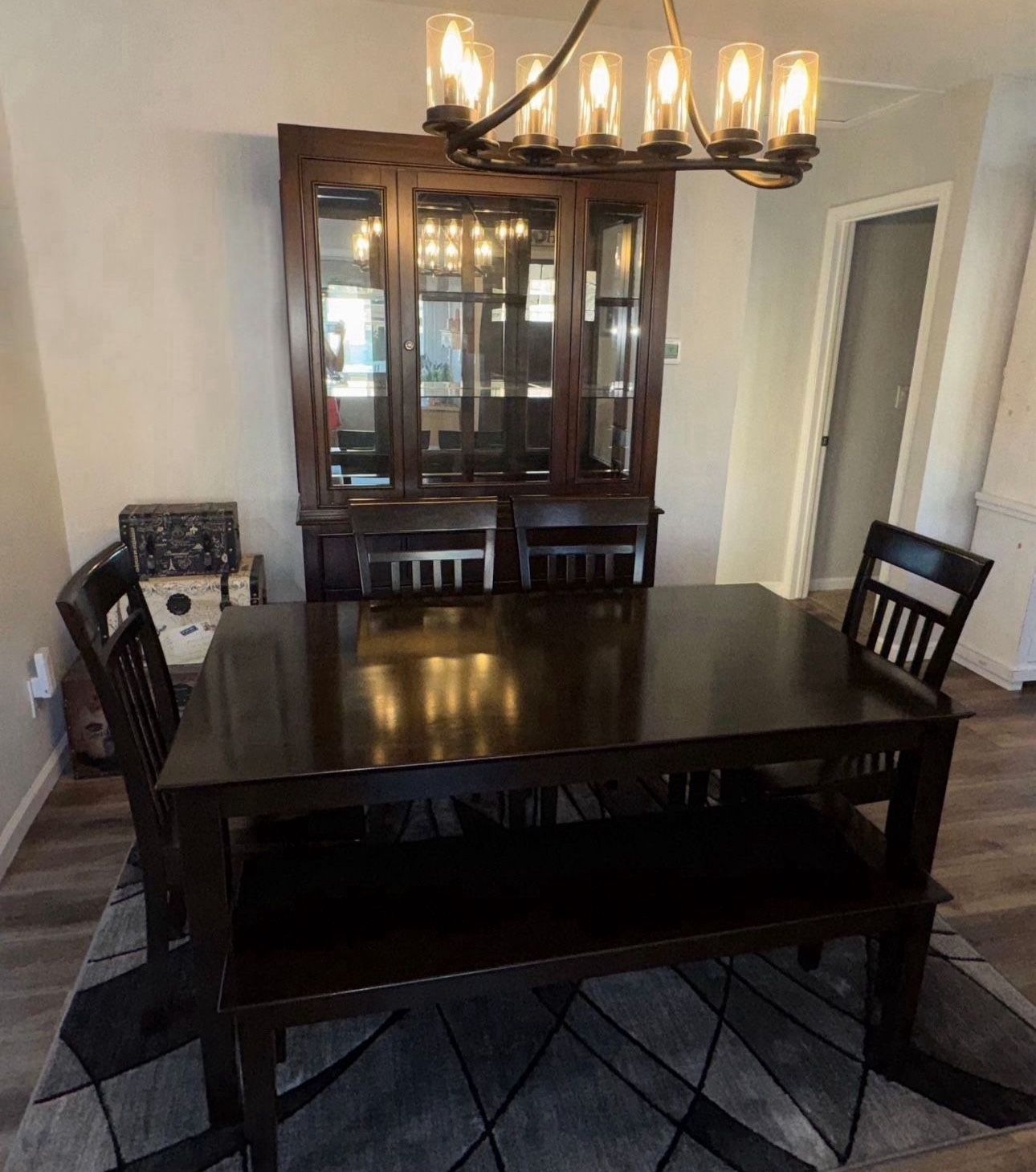 Brown Solid Wood Curio Cabinet and Dining Table Matching Set
