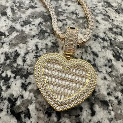 Gold Plated Baguette Diamond Heart Pendant Tennis Chain