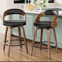 Bar Stools Set of 2, 30”Swivel Counter Height Bar Stools with Bentwood Legs and Back, Mid Century Modern Faux Leather Upholstered Counter Stools for 