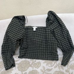 H & M Olive Green Stripes Puff Long Sleeve Cropped Top Size Xl