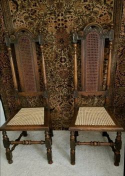 Antique Victorian Oak Caned Carolean Highback Hall Chairs ca 1900