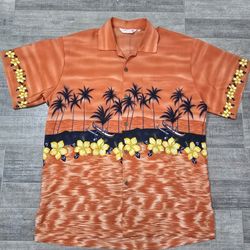 XXL Men's Hawaiian Palm Trees Boats Beach Flowers Shirt Vintage