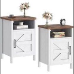 Farmhouse Nightstand, Modern Bedside Table Set of 2 with Barn Door and Shelf, Rustic End Table Side
