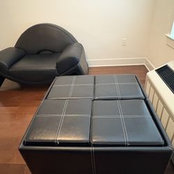Black Arm Chair + Large Coffee Table (with stools and storage)