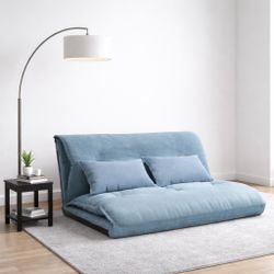 44” Blue Lazy Sofa Bed / Adjustable Folding Futon Sofa with 2 Pillows [NEW] **Assembly Req** 