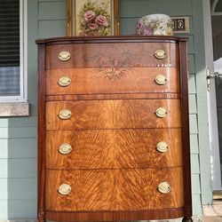 Vintage Solid Burl Wood Bow Front Chest Of Drawers
