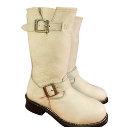 XELEMENT X ELEMENT LU2567 WHITE LEATHER ENGINEER BUCKLES BIKER BOOTS SIZE 8M EUC
