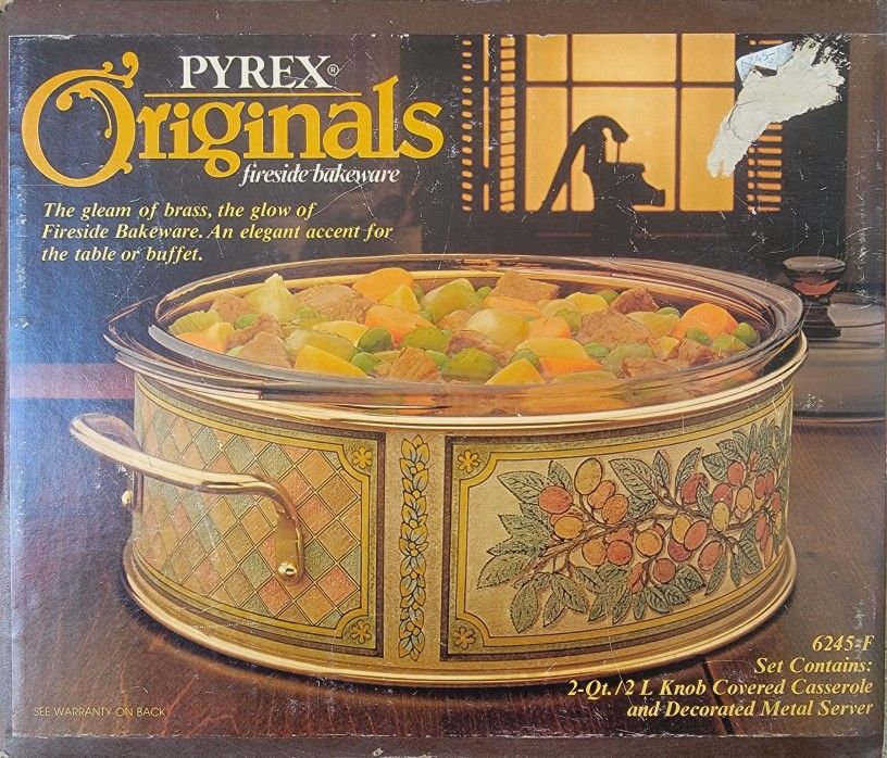 NEW Vintage Pyrex Corning Originals Fireside Bakeware 2 Quart Covered Casserole and Decorated Metal Server 6245-F