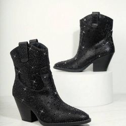 Black Cowgirl Boots Sparkly Rhinestones Size 8