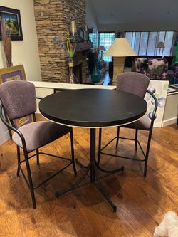 Modern Round black Bar Height Table with 2 custom upholstered chairs